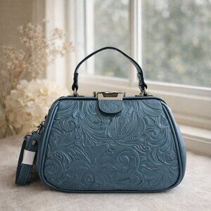 Patricia Nash Gracchi Frame Leather Handbag Crossbody BRNTL Tooled Mirage Blue